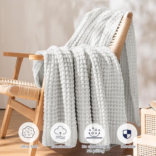 PHF Chenille Waffle Knit Throw Blanket- Plush Warm & Cozy 50" x 60" Ultra Soft Blanket- Chunky Fluffy Waffle Throws for Couch Bed Sofa - Light Grey - color: Light Grey, size: Throw(50"X60")