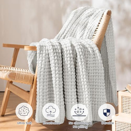 PHF Chenille Waffle Knit Throw Blanket- Plush Warm & Cozy 50" x 60" Ultra Soft Blanket- Chunky Fluffy Waffle Throws for Couch Bed Sofa - Light Grey - color: Light Grey, size: Throw(50"X60")