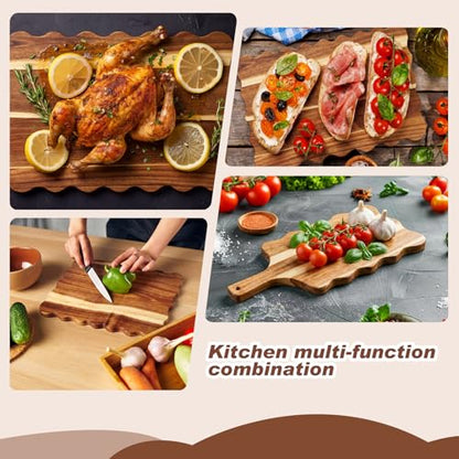 Novabright 3 Pcs Extra Large Acacia Wood Charcuterie Boards Set, Unique Wavy Edge Scalloped Cutting Boards for Kitchen, Wooden Serving Tray for Cheese Meat Fruit, Ideal Housewarming Gift (Flat Wavy) - style: Flat Wavy