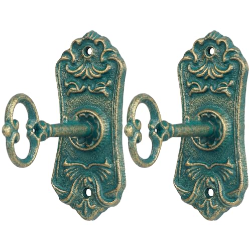 Pelopy 2 Pack Decorative Vintage Cast Iron Wall Hooks Victorian Key Wall Holder for Hanging Coats Key Bags Hats Towels Hanger Rustic Farmhouse Decor (Green) - color: Green