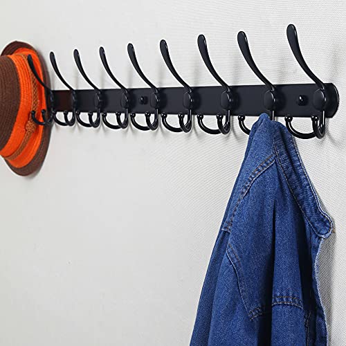 Coat Rack Wall Mount - 38” Long 10-Tri-Hooks Heavy Duty Coat Hanger Rail Wall Hooks for Hanging Coats Hats Clothing Clothes Purse Mudroom Entryway, Black - color: Black, size: L=38” (1 Pcs)