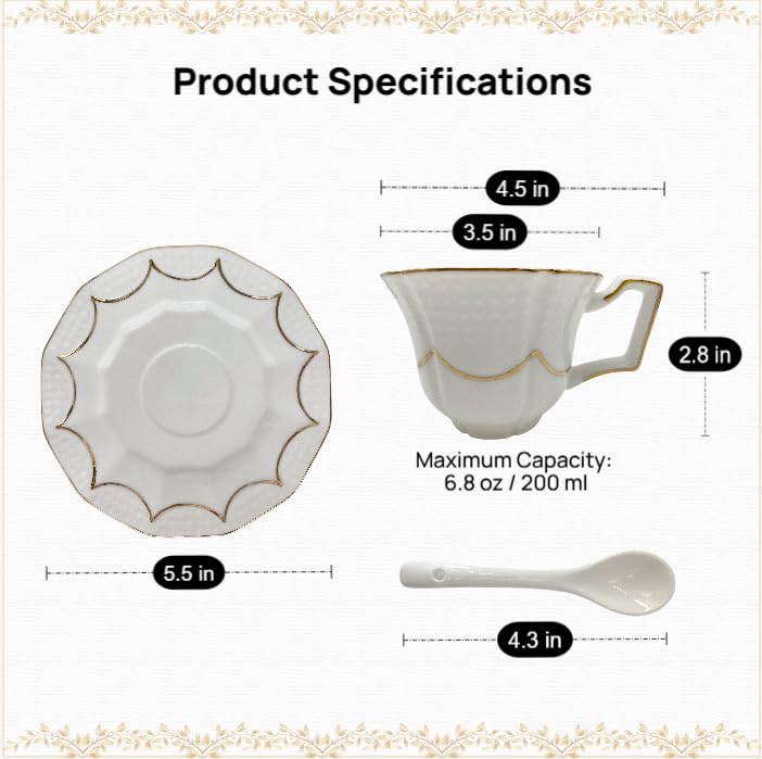 Tea Cup and Saucer Set for 1, Ceramic, White, 6.8 Oz | Coffee Cup with Saucer and Spoon, Elegant Design, 3D relief patterns, Gold Trim, Protective Packaging, Ideal for Gift - color: Modern