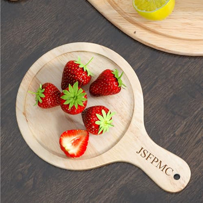 Rubber Wood Board with Handle, Round Serving Board, Dining Board, Chopping Board for Meat, Cheese Board, Vegetables, Bread, Charcuterie, Small 10.6"x7"x0.6" - size: 10.6"L x 7"W