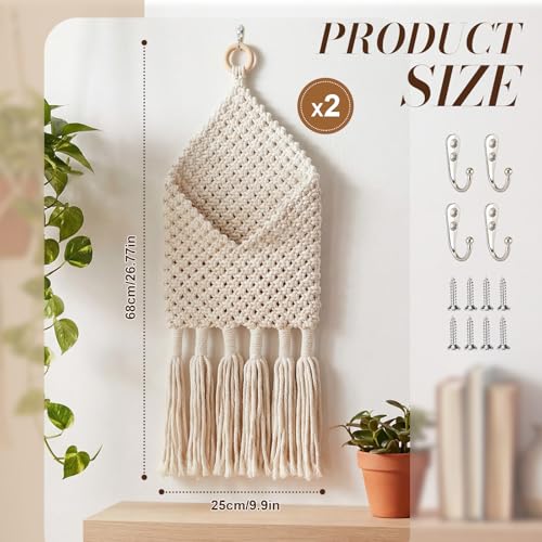 2 Pack Boho Mail Holder for Wall, Handwoven Mail Organizer with Hooks, Cotton Rope Hanging Basket for Letters, Keys and Small Items for Entryway Home Office Hallway Decor, White