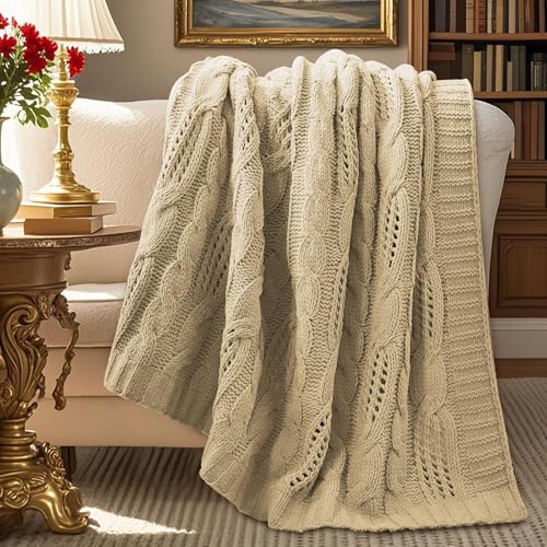 Chunky Knit Throw Blanket, Dual-Sided Soft Chenille Breathable Cable Knitted Blanket for Couch, Farmhouse Decorative Throw for Sofa & Chair, 50"x60", Beige - color: Beige, size: Cable Knit 50"x60"