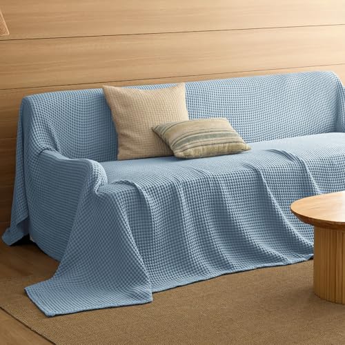 Bedsure Lightweight 100% Cotton Waffle Blanket, 120x94, Celestial Blue | Summer, Breathable, Soft, Comfort, Light, Thin, Textured, Bed, Couch, Sofa, Chair, Oversized King, Sheet Blanket, Cozy Gifts - color: Celestial Blue, size: Oversized King (120" X 94"