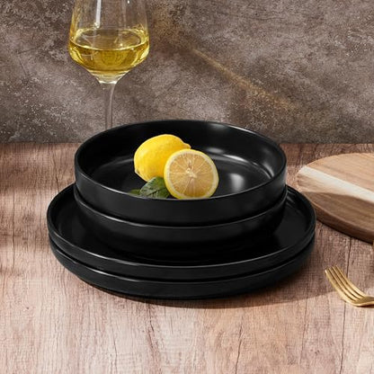 E-far Stoneware Pasta Bowls Set of 4, 35oz Double Reactive Black Glaze | Wide & Shallow Ceramic Pasta Plates for Serving Salad Soup Dinner, Dishwasher & Microwave Safe, Matte Black - color: Matte Black