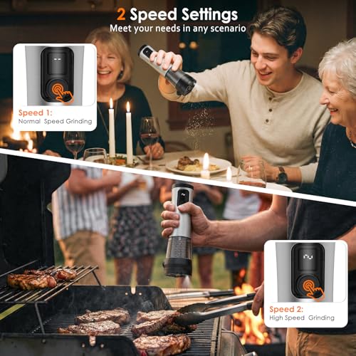 Rechargeable Electric Salt and Pepper Grinder Set with LED Light, 5-Level Adjustable Coarseness, 2-Speed Automatic Mills, 2 x 100ml Large Capacity, Black | Automatic Electric Salt and Pepper Shakers with Large Capacity, 2-Speed Setting, 5-Level Adjustable