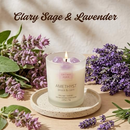 Soy Candles with Healing Crystals. Citrine, Rose Quartz, Amethyst Crystal. | Eucalyptus + Lemongrass, Jasmine + Sandalwood, Clary Sage + Lavender. 3PC Scented Crystal Candle Set, 2.47oz Each