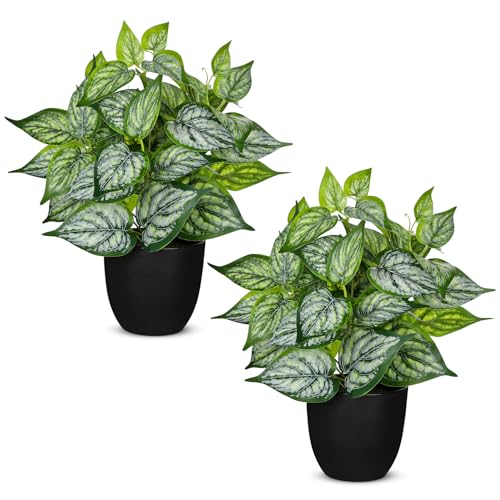 Villa Como 14.5" Artificial Plants Indoor Home Decor Set of 2 | Silk Fake Potted Plants for Shelves Desks Living Room Office, Decorative Faux Potted Greenery Small Tropical House Plant - color: 2 Sets #Green Mix White