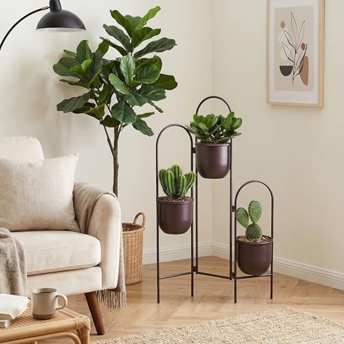 TRIROCKS 3 Tier Plant Stand with 3 Removable Metal Pots Indoor Outdoor Corner Plant Rack, 35" H Space Saving Flower Pot Holder for Living Room, Balcony, Patio & Garden(Brown) - size: 35" H