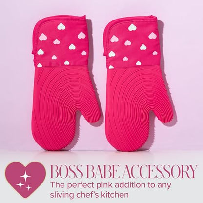 Paris Hilton Oven Mitt Set with Heart Design, Heat Resistant Pot Holders Featuring Non-Slip Textured Silicone Grips, 2-Piece Set, Pink - style: Hearts