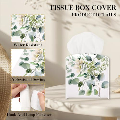Leaves and Flowers Tissue Box Cover, Watercolor Green Tissue Holder - color: Leaves-1