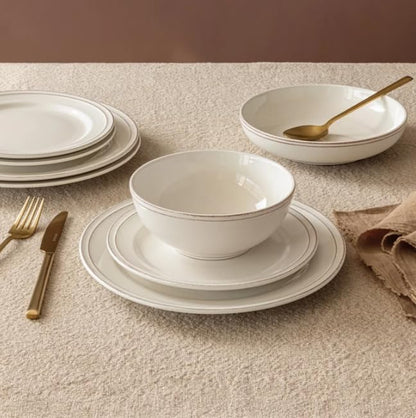 Over&back Lake Como 16 Piece Dinnerware Set Ivory – Premium Stoneware Dishes – Service for 4 – Includes Dinner Plates, Salad Plates, Bowls – Reactive Glaze Finish – Microwave & Dishwasher Safe