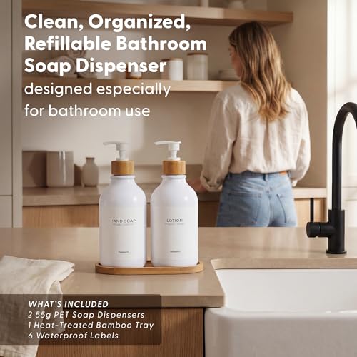MaisoNovo Soap Dispenser Bathroom Set of 2-16.9 oz Bathroom Soap Dispenser Set - White Plastic Bottles x 2 with White Bamboo Pumps & Tray - color: Plastic White Bottles/ White Bamboo Pumps
