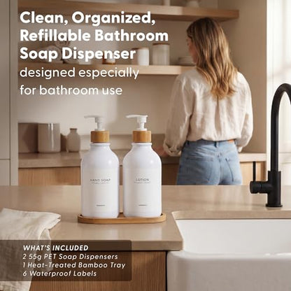 MaisoNovo Soap Dispenser Bathroom Set of 2-16.9 oz Bathroom Soap Dispenser Set - White Plastic Bottles x 2 with White Bamboo Pumps & Tray - color: Plastic White Bottles/ White Bamboo Pumps