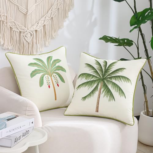 Embroidered Throw Pillow Covers 18x18 Pack of 2 Sage Green Palm Tree | Ocean-Themed,Durable Fabric,Square Pillow Cover,Boho Decorative,Hidden Zipper,Aesthetic Design,Ideal Gift,Machine Washable - color: Sage Green Palm Tree