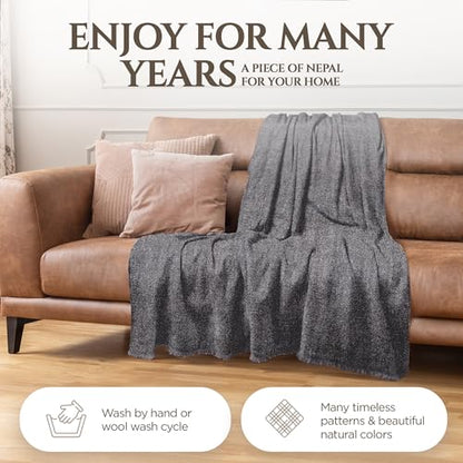 Cashmere Blanket – Hand Woven 100% Pure Wool Throw Blanket, 135 x 270 cm – Plain Cozy, and Soft Blanket for Bed, Sofa, or Couch - Made in Nepal - color: Dark Grey
