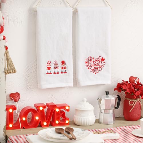 Valentines Day Hand Towels 100% Cotton Embroidered Red Gnome Heart Decorative Bathroom Kitchen Dish Towels Set Gift Set of 2 14x29 inch - color: Va.red Gnome