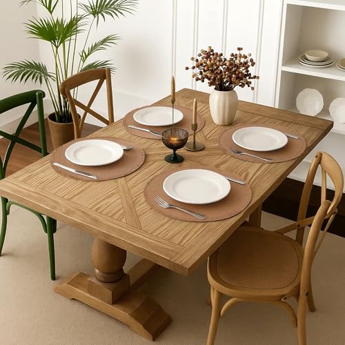 15 Inch Set of 6 Round Woven Placemats Braided Paper Heat Resistant Table Mats with Tassel Boho Indoor Outdoor Table Placemats for Dining Tables (Brown) - color: Brown