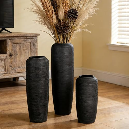 Black Rustic Ceramic Floor Vase, 24 Inch, Ribbed Texture | Living Room, Entryway, Fireplace, Pampas Grass, Dried Branches - size: 23.6 Inch