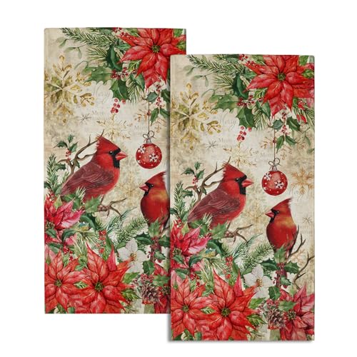 Imiss Merry Christmas Hand Towels Xmas Red Bird Holly Floral Kitchen Decor Soft Absorbent Fingertip Guest Towel for Home Bathroom Hotel Gym Spa - color: Red Bird