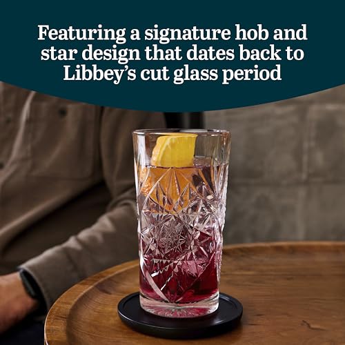 Libbey Hobstar Cooler Glasses, Cut Glass Drinking Glasses Set of 4, Hi-Ball Textured Drinking Glasses, 16 oz Cocktail Glass Set for Soda, Mixed Drinks - color: Hobstar Cooler