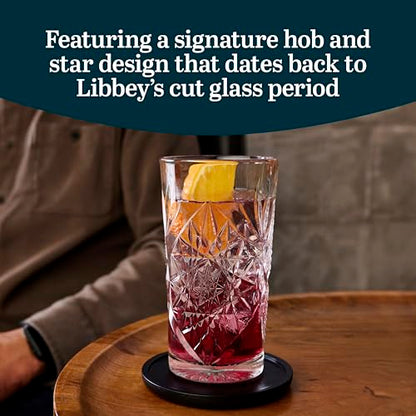 Libbey Hobstar Cooler Glasses, Cut Glass Drinking Glasses Set of 4, Hi-Ball Textured Drinking Glasses, 16 oz Cocktail Glass Set for Soda, Mixed Drinks - color: Hobstar Cooler