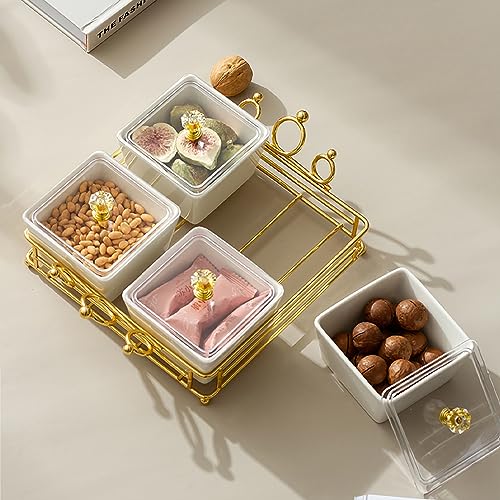 YA JU Ceramic Bowls and with Lid Gold Basket Trays, 3 Removable Small Bowls Condiment Trays Nut Serving Set for Snacks, Fruits, Candy and Condiments - Great for Parties, Holiday Gifts, White - color: White 3 Removable snack Bowls