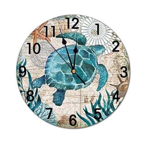 Blue Sea Turtle Nautical Map Retro Ocean Wall Clock Battery Operated Silent Non Ticking Round Clock Art Wall Decor for Home, Office, School 9.8 Inch - color: Ocean Animal(turtle), size: 10 Inch