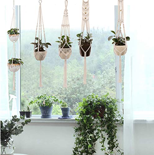 Macrame Plant Hangers Handmade Cotton Rope Flower Pot Holder Boho Theme Indoor Outdoor - Pack of 5 with Ceiling Hooks