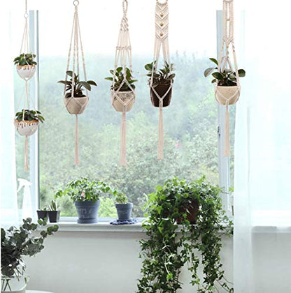 Macrame Plant Hangers Handmade Cotton Rope Flower Pot Holder Boho Theme Indoor Outdoor - Pack of 5 with Ceiling Hooks