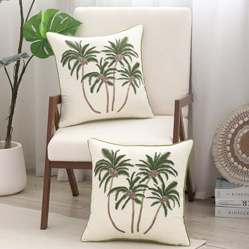 Embroidered Throw Pillow Covers 18x18 Pack of 2 Green Coconut Trees | Ocean-Themed,Durable Fabric,Square Pillow Cover,Boho Decorative,Hidden Zipper,Aesthetic Design,Ideal Gift,Machine Washable - color: Green Coconut Palm Trees