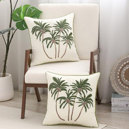 Embroidered Throw Pillow Covers 18x18 Pack of 2 Green Coconut Trees | Ocean-Themed,Durable Fabric,Square Pillow Cover,Boho Decorative,Hidden Zipper,Aesthetic Design,Ideal Gift,Machine Washable - color: Green Coconut Palm Trees