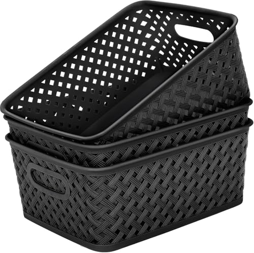 MaxGear 3 Pack Plastic Storage Baskets, Large, Black | Durable Woven Plastic with Built-In Handles, Suitable for Shelves, Closets, Cabinets, Bathrooms and Offices - color: Black, size: Large