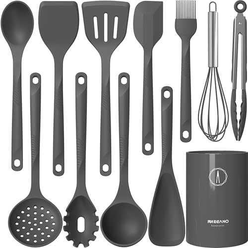 Silicone Cooking Utensils Set - 600°F Heat Resistant, Nonstick Kitchen Utensil Set with Spatulas, Spoons, Whisk, Tongs, BPA Free, Dishwasher Safe (Gray) - color: Gray
