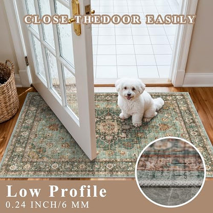 3x3 Washable Rug: Area Rugs for Kitchen Bedroom Bedside Bathroom Entryway | Non Slip Rug with Rubber Backing Low Pile Ultra Soft Stain Resistant Small Carpet Waterproof Easy-Clean Area Rug (Green, 3x3) - color: Green, size: 3' x 3' (Square)