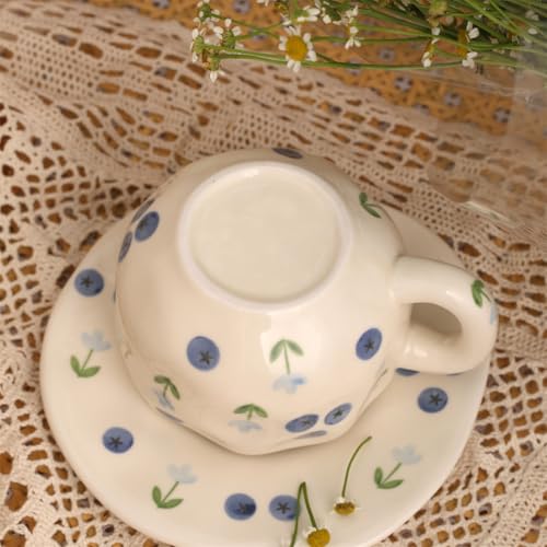 TREEWOO Hand Painted Blueberry Ceramic Coffee Cup and Saucer Set, 250ml/8 oz, Korean Style, Hand Pinched Irregular Cappuccino Latte Tea Cup - color: Blueberry