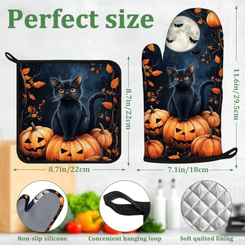 Black Cat Pumpkin Moon Oven Mitts and Pot Holders Sets 4 Pcs Silicone Halloween Kitchen Gloves Heat Resistant Potholders for Baking Grilling BBQ - color: Halloween Black Cat