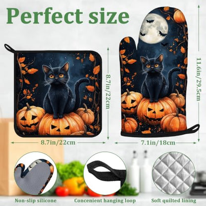 Black Cat Pumpkin Moon Oven Mitts and Pot Holders Sets 4 Pcs Silicone Halloween Kitchen Gloves Heat Resistant Potholders for Baking Grilling BBQ - color: Halloween Black Cat