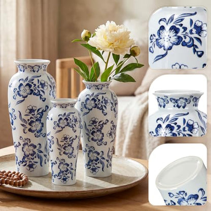 LemonRoad 3 Pack Chinoiserie Vases Porcelain Blue and White Vases for Flowers Pottery Chinoiserie Ceramic Vase for Living Room Mother's Day Decor Table Centerpiece, 6.7", 8.3", 10"(Lotus) - style: Lotus