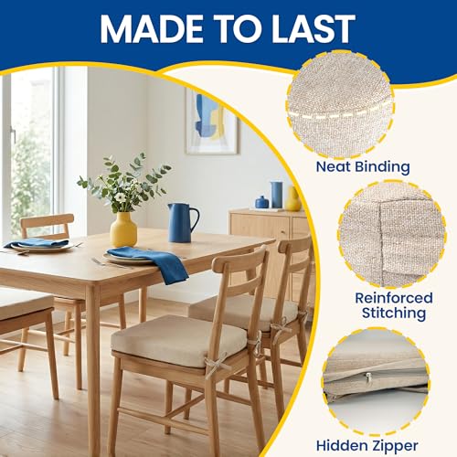 kingphenix Chair Cushions for Dining Chairs, Set of 4, 2.5 Inches Thick | High-Density Foam Kitchen Chair Cushions with Ties, Non-Slip Bottom and Removable Machine-Washable Covers, 17 x 16 in, Beige - color: Beige, size: 4 Count(Pack of 1)