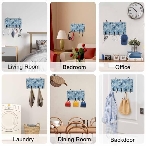 Key Holder for Wall Ombre Blue White Marble Decorative Hanging Key Rack Wall Mount with 5 Hooks Lattice Modern Art Organizer Wall Decor for Entryway Front Door Kitchen 9.4x5in