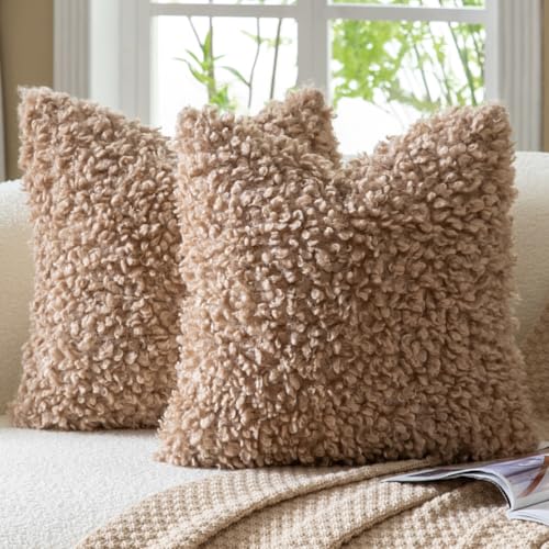 2 Pieces 16x16 Inch Khaki Faux Fur Throw Pillow Covers Boucle Decorative Sherpa Pillow Covers Thick Fuzzy Fleece Pillowcases Cushion Covers for Sofa Couch Bed Living Room - color: Khaki, size: 16" x 16" (Pack of 2)