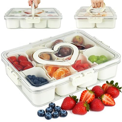 Snackle Box Container Portable - Large 8-Compartment Divided Serving Tray with Lid and Handle, Grab and Go Snack Containers Reusable for Travel and Outdoor Camping, Leak-Proof, BPA-Free
