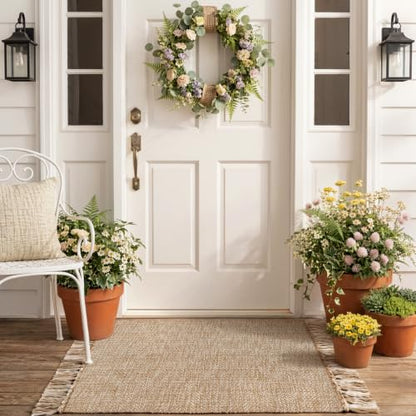 Entryway Door Mat, 27" x 43" Machine Washable Kitchen Rugs, Indoor/Outdoor Low-Profile Doormat Soft Hand-Woven Cotton Bathroom Rug Throw Rugs for Front Back Door Bedroom | Tan/Cream Braided Indoor Outdoor Mats, Soft Washable Bathroom Rug, Small Throw Rugs