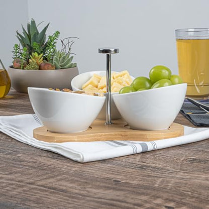 Restaurantware-15 Ounce Bowl Set with Tray - 1 Dishwashable Serving Set, Includes 3 Porcelain Bowls And 1 Bamboo Tray, Durable, White Porcelain And Bamboo Bowl And Platter Kit, Reusable, Freezable - size: Triple set, style: Incline