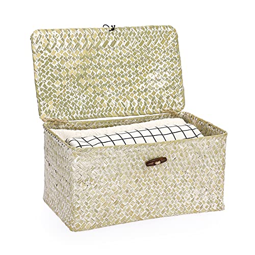 Hipiwe Seagrass Storage Basket Bins with Lid Handwoven Wicker Shelf Baskets | Rectangular Basket Household Organizer Boxes for Shelf Closet Bedroom Home Decor, Whitewash Medium - color: Whitewash, size: Medium