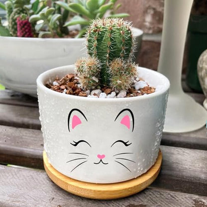 1Pcs Pink Cat Succulent Pots with Drainage and Bamboo Tray, Ceramic Pot | 3 Inch Small Planters for Plants,Cactus,Decoration for Office Home,Garden,Cat Gifts for Women Mom (No Plants Included) - style: Cat Pink