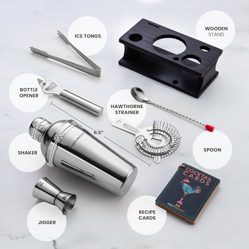 Cocktail Shaker Set - Bartender Kit with Pine Stand | Leak-Proof Design | Includes Martini Shaker, Jigger, Strainer, Spoon, Tongs | Perfect Bar Tools Gift for Home Mixology (Silver) - color: Silver / Dark Stand, size: 8 Pieces